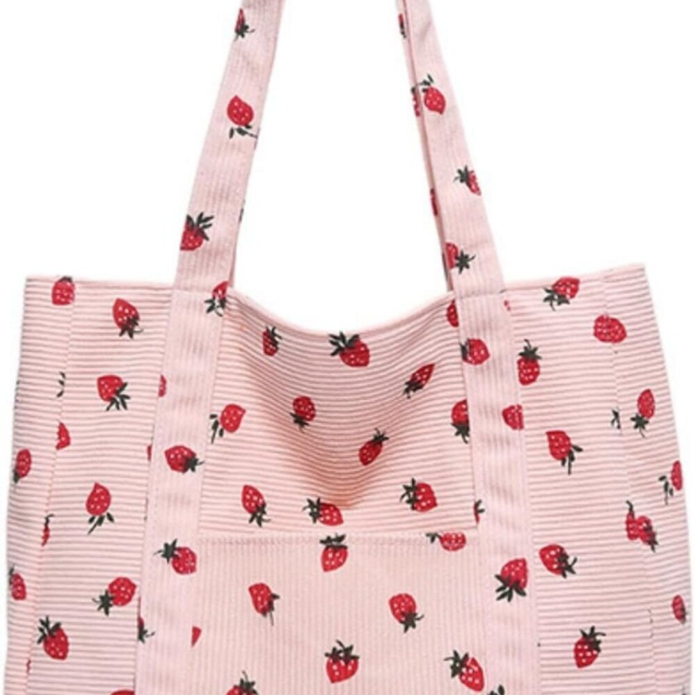 Strawberry Corduroy Tote Bag for Women Aesthetic Zipper Casual Book Handbag